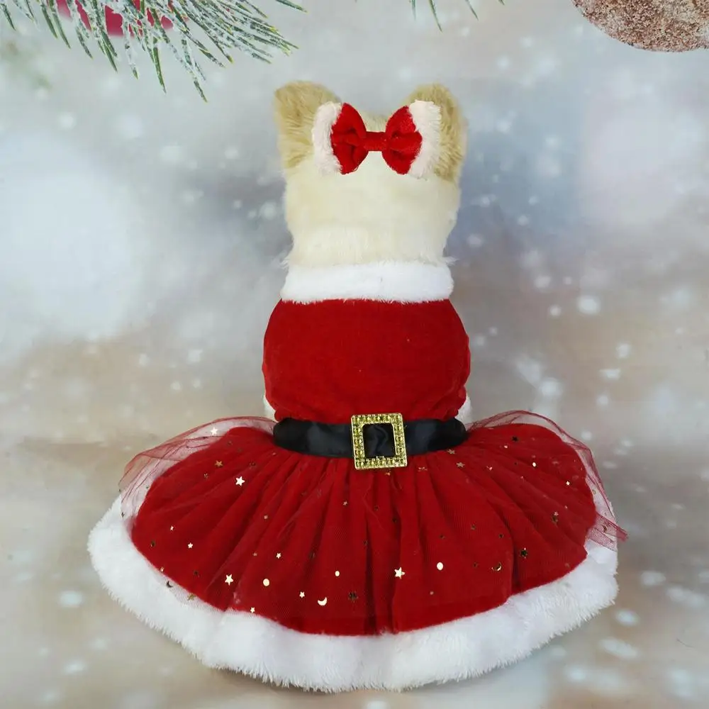 Christmas Dog Dress with Velvet & Tulle Skirt, Matching Bow Hair Tie, Cotton Material, Warm & Comfortable, 4 Sizes for Dogs 1.5-8kg, Ideal for Christm