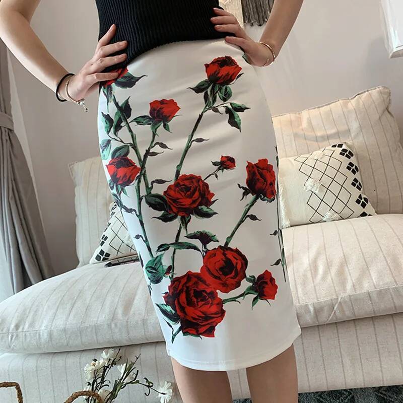 On Sale Summer Women Vintage Y2K Printed Pencil Long Skirt Office Skirts Korean Style High Waist Slim Bodycon Midi Casual dongdumaoyi
