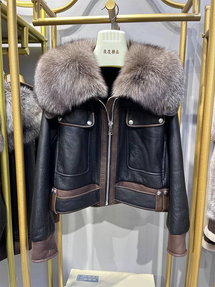 2024 Winter Warm Women Real Fox Collar Natural Merino Sheep Fur Coat Genuine Leather Jacket Thick Female Coats