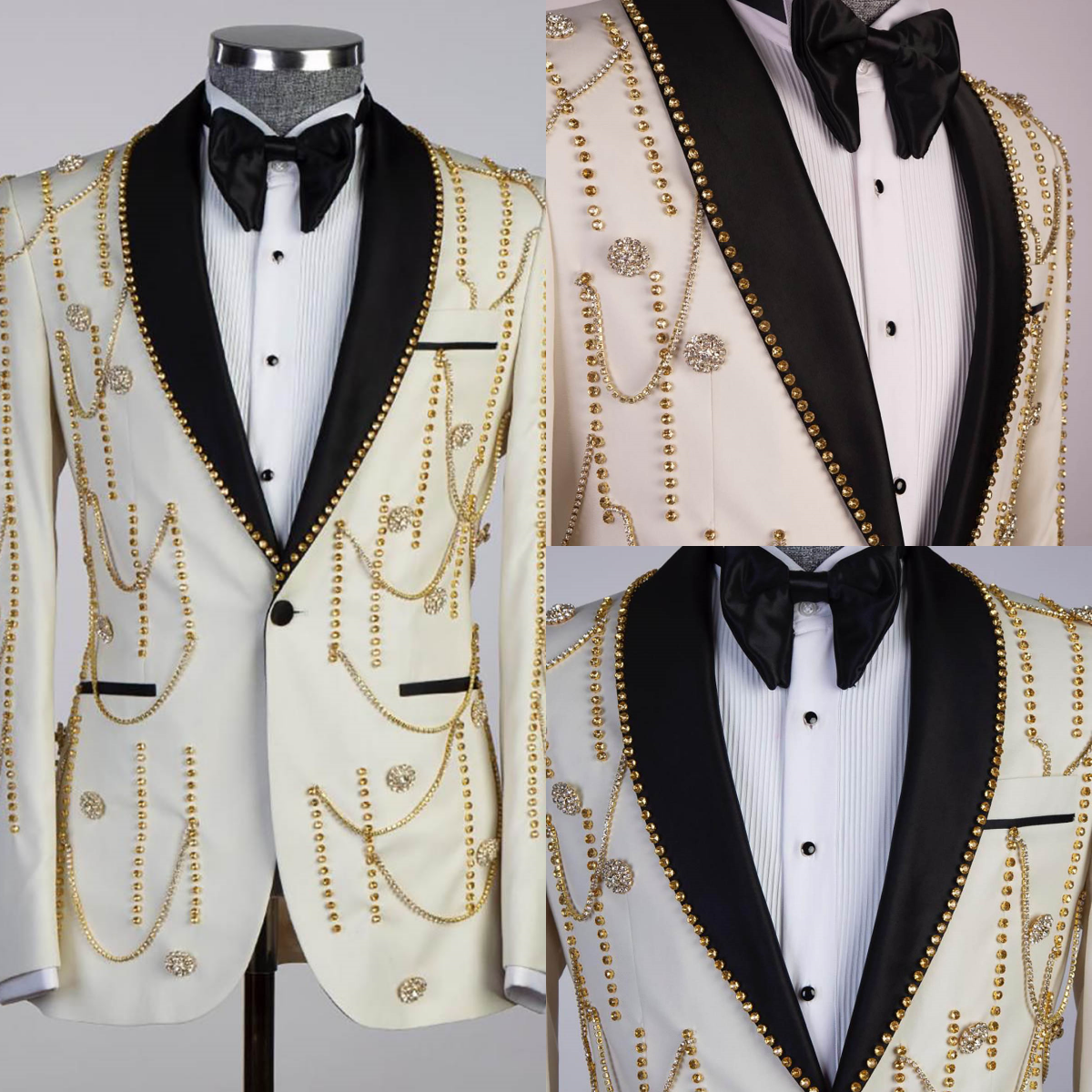Luxurious Beadeds 2 Pieces Men Suits One Button Shawl Lapel Pants Sets Crystals Classic Fit Wedding Groom Business Tuxedos