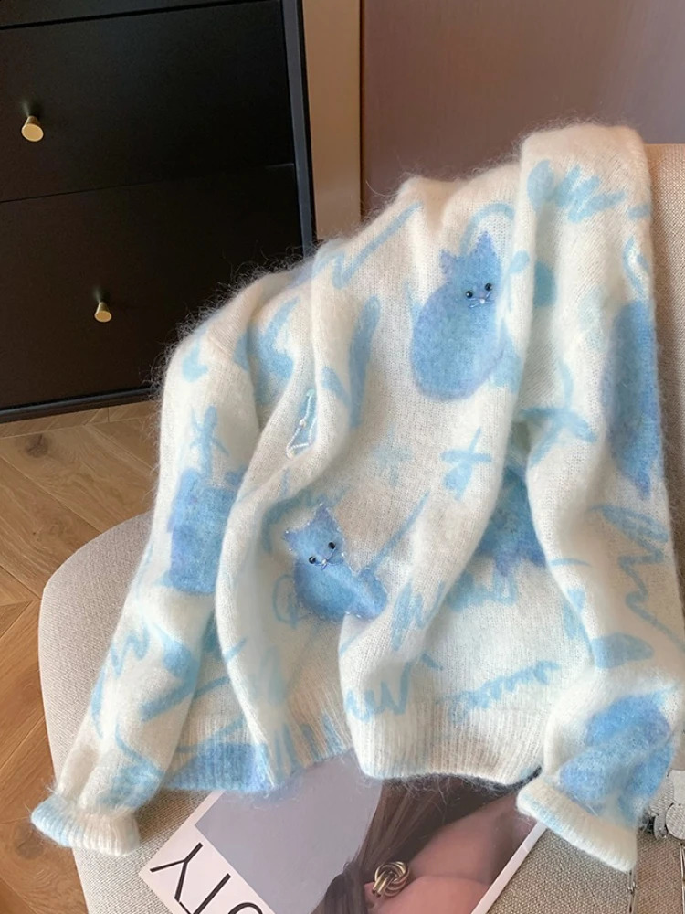 Heavy Industry n Cat Print Bead Soft Waxy Pullover Womens Lazy Agereducing Mohair Knitted Sweater 250911