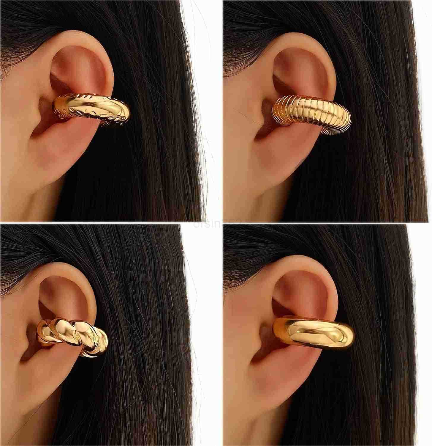 4 Pcs Chunky Ear Cuffs Non Piercing for Women 14K Gold Plated Clip On Cartilage Hoop Earrings Jewelry GiftsW250911