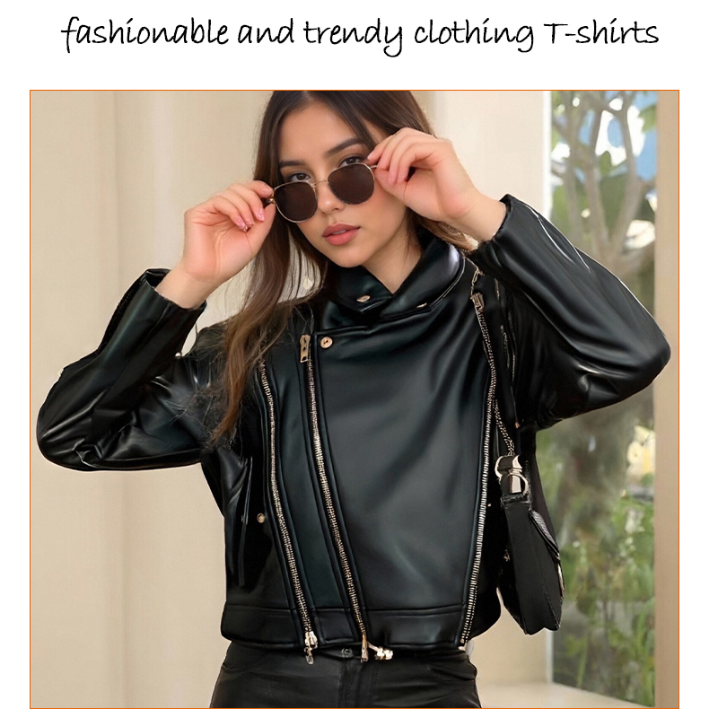 Women's Leather & Faux Leather Women's Short Black PU Leather Biker Jacket with Asymmetric Zippers