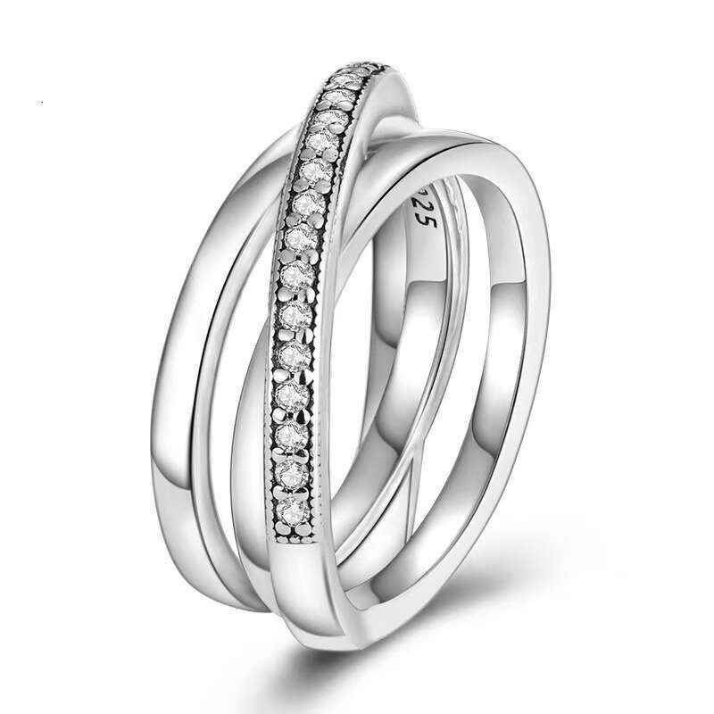 Panjia No White Copper Electroplated Silver Inlaid Interlocking Three DIY Couple Matching Rings