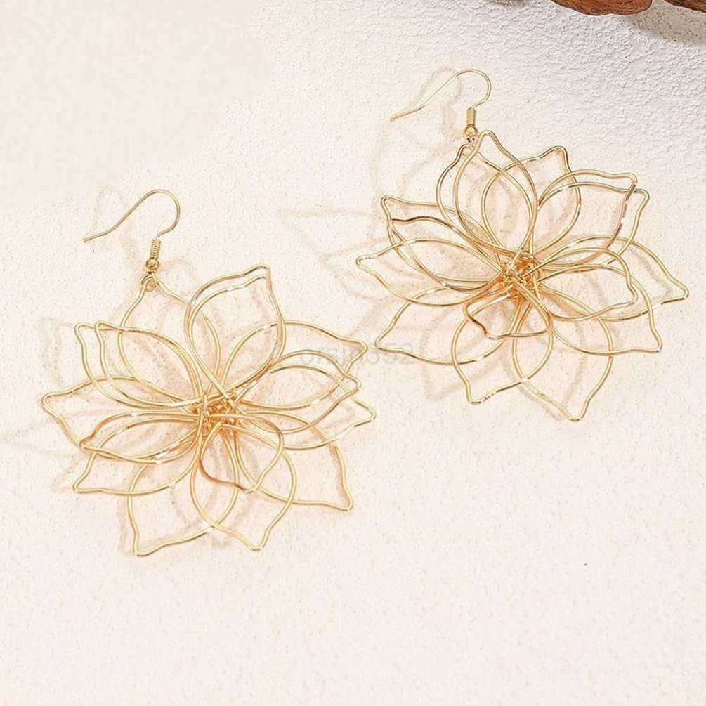 Big Gold Wire Flower Earrings for Women Simple Large Hollow Floral Drop Dangly Earring Charm Silver Trendy Dangling Ear Aesthetic Jewelry GiftsW250911