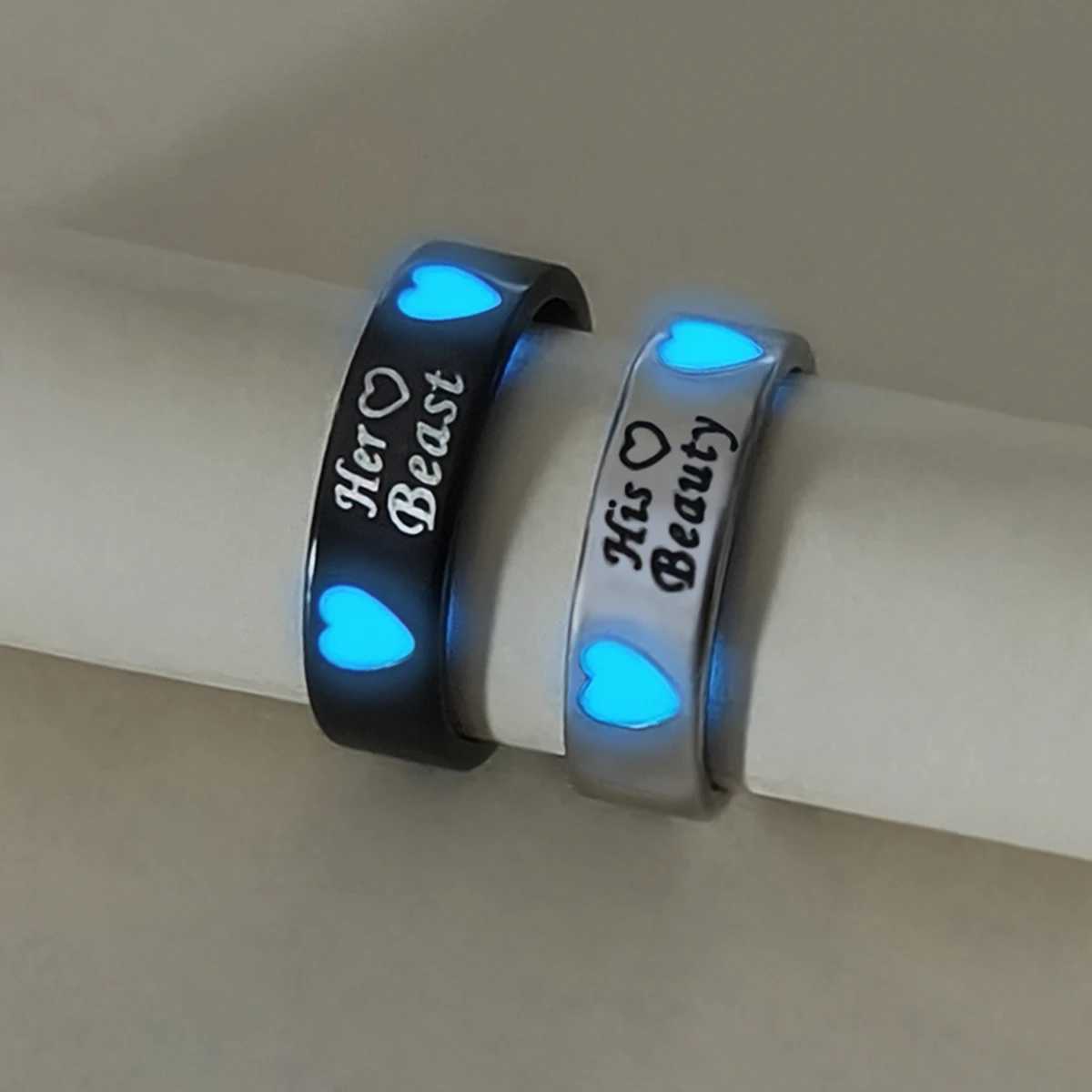 2 piecessets of luminous heart simple Heart his beauty her beast couple Rings Ladies fashionable love Promise rings W250911