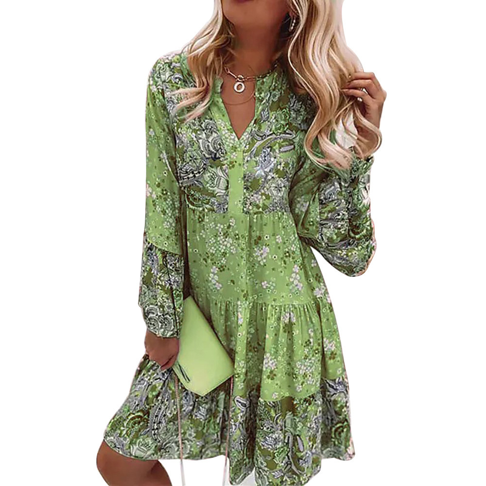 2025 Summer Dress New Printed Loose Women's Long Sleeve Top American Fashion V-neck Chiffon Folded Dress Autumn/Winter New Designer Knitted Cloth