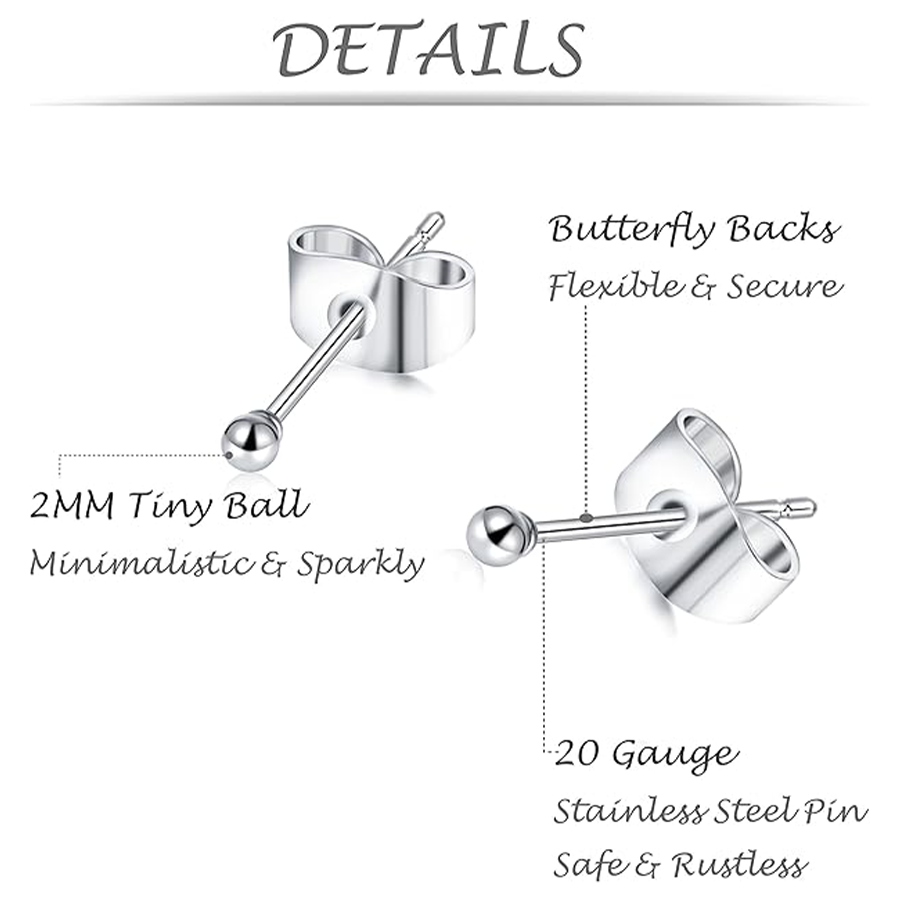 10 Pairs 20G 2mm Tiny Stud Earrings 316L Stainless Steel Small Ball Earring Set For Men Women Rose Silver Tone