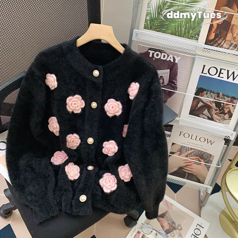 Mink Veet Gentle Soft Glutinous Style Three-Dimensional Flower Sweater Cardigan Coat Women Autumn Niche Sense Knitted Shirt Top 250723 TUES