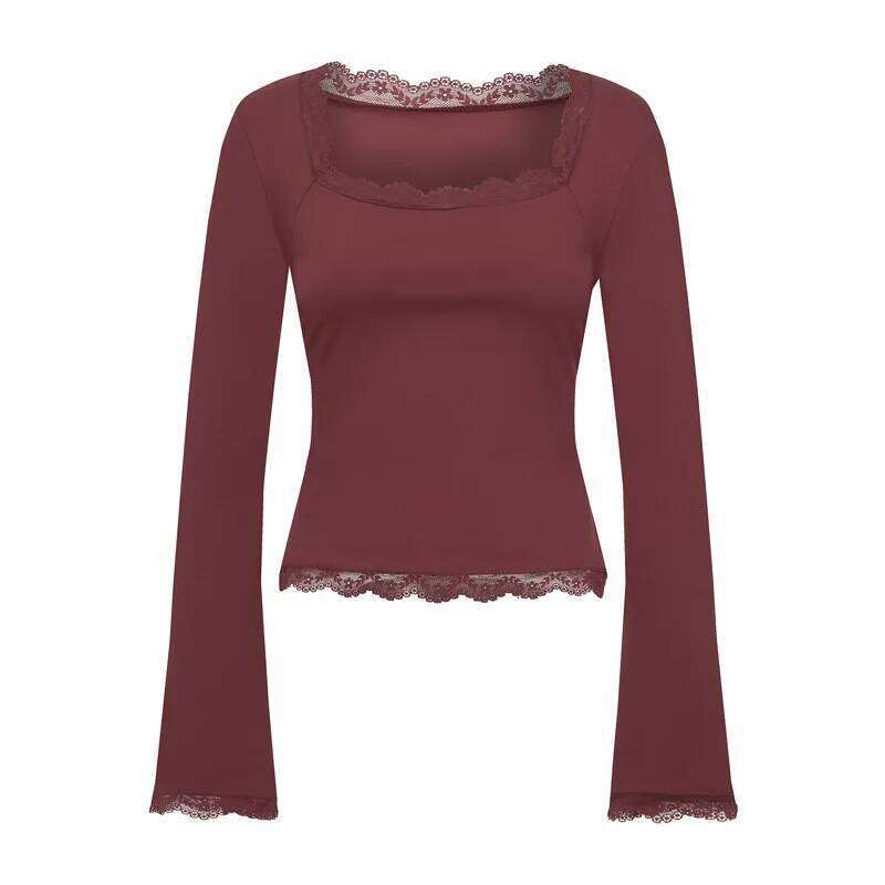 Imcute Women's Spring Lace Trim Tee Shirt Blouses Fashion Long Sleeve Square Neck Slim Trendy Party T-Shirt Y2k Streetwear