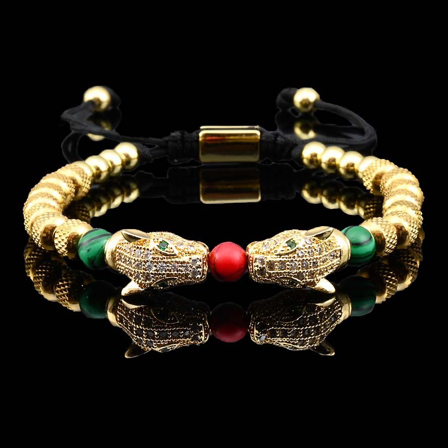Luxury Brand Designer Jewelry Stainless Steel Double Leopard Head Natural Stone Braided Bracelet Fashion C-Shaped Titanium Steel Bracelet Set for Wome
