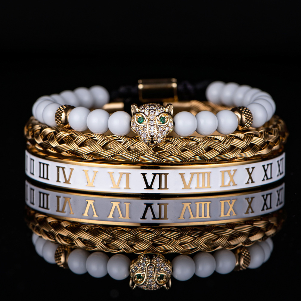 White Bead Crown Bracelet 3 Piece Set Dripping Enamel Stainless Steel Roman Numeral Bracelet for Men