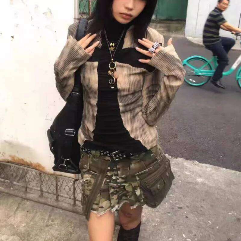 Women Y2k Clothing Ribbed Vintage Haruku Cross Print T-Shirt Grunge Aesthetic Long Sleeve Patchwork Tops Trend 2000S