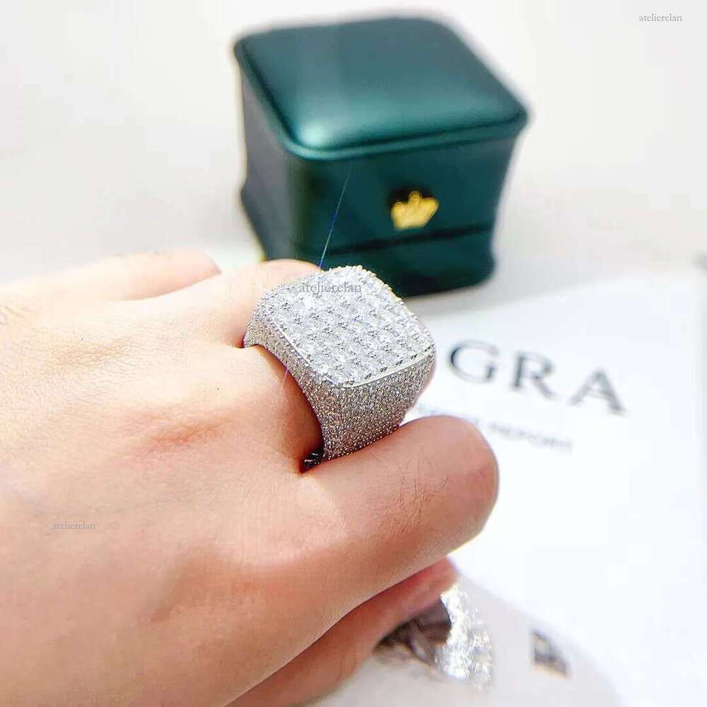 Hip Hop Full Moissanite Square Shape Fashion Jewelry Pass Tester Iced Out Sterling Sier Ring