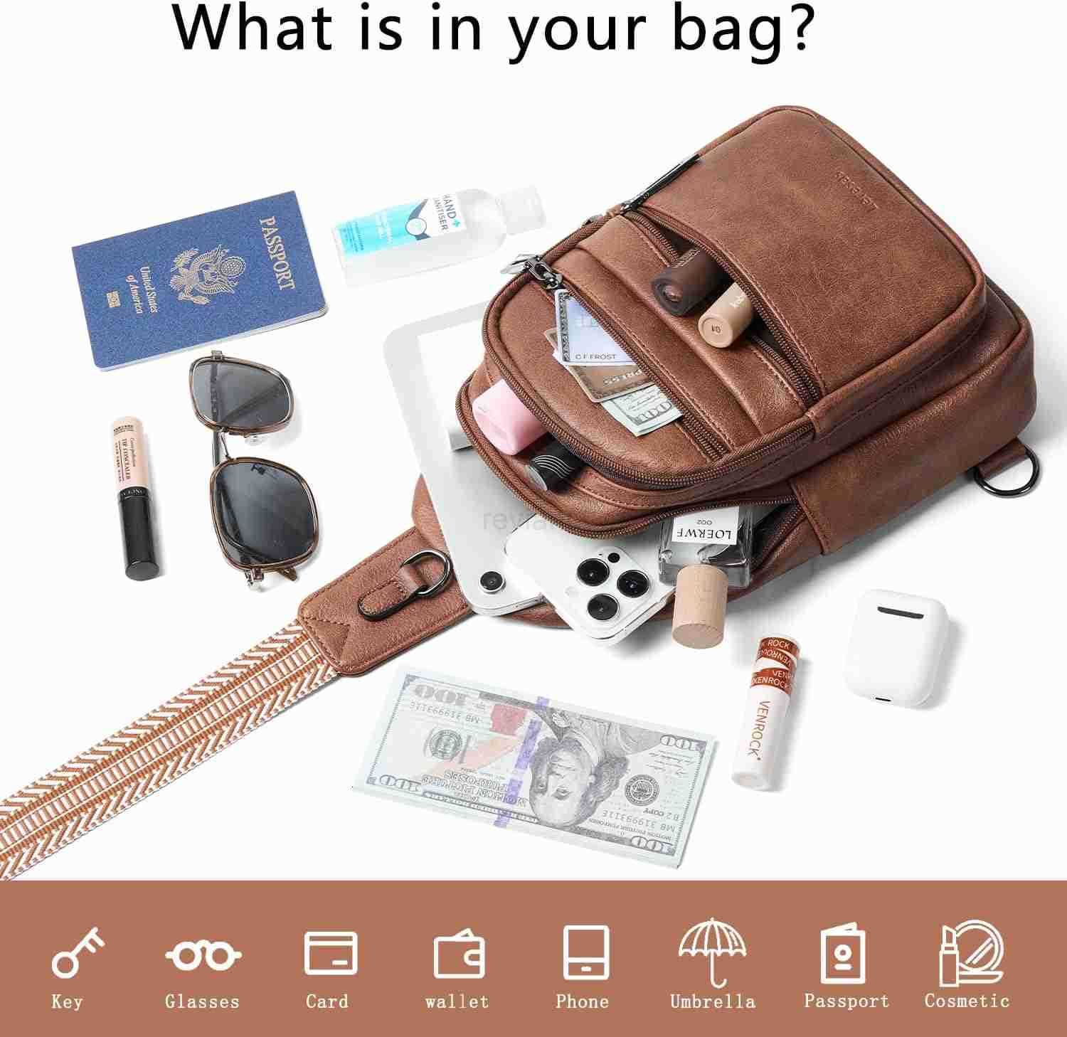 Sling Bag for Women Crossbody Bags Fanny Packs Over Shoulder Bag Sling Purse Backpack Vegan Leather Travel BrownW250911