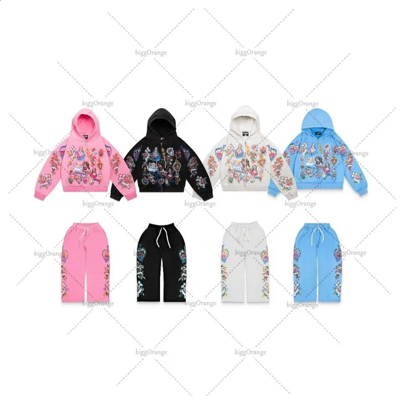 High Street Trendy Streetwear Mens Set TwoPiece Goth Harajuku Y2K Graphic Zipper Hoodie Retro Colorful Casual Sweatpants Women 250911