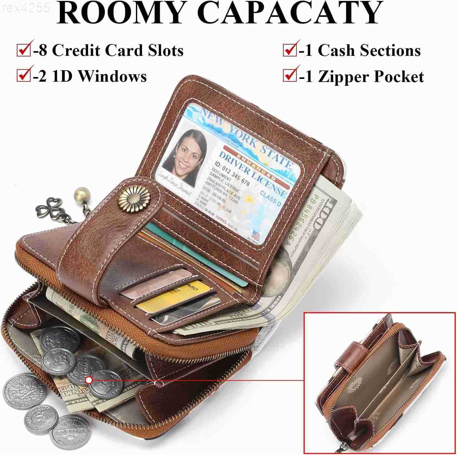 Wallet for Women Leather Small RFID Blocking Bifold Zipper Pocket Card Holder with ID Window Cow Print BrownW250911