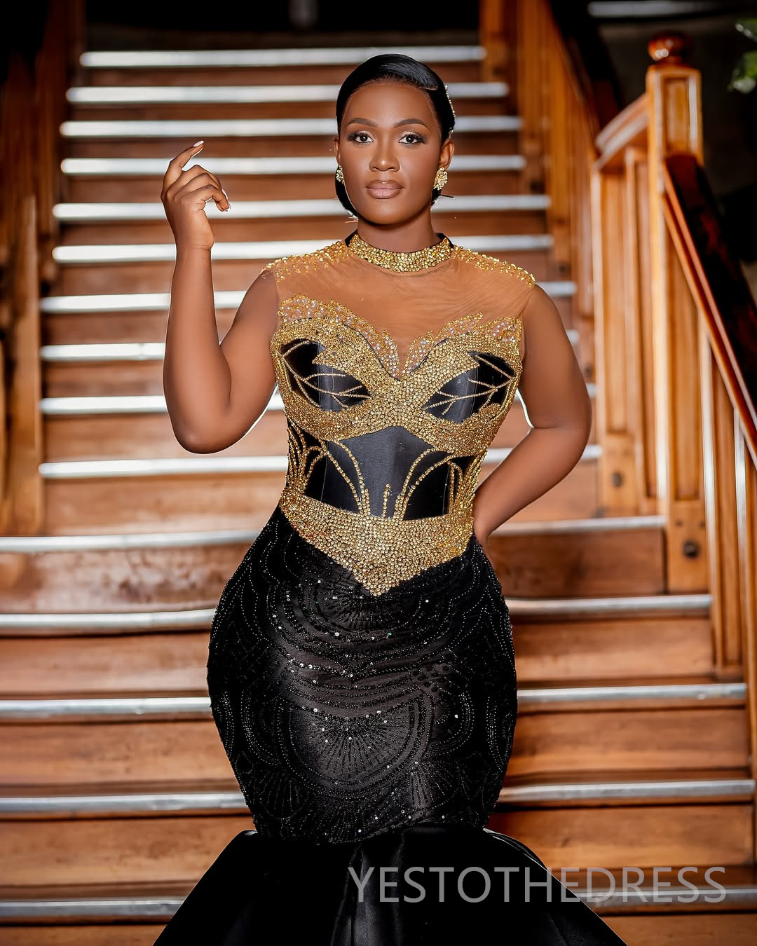 2025 Mermaid Black Prom Dresses For Black Women Evening Dresses Formal Gowns High Neck Beaded Crystals Birthday Dress Second Reception Gown AM2848