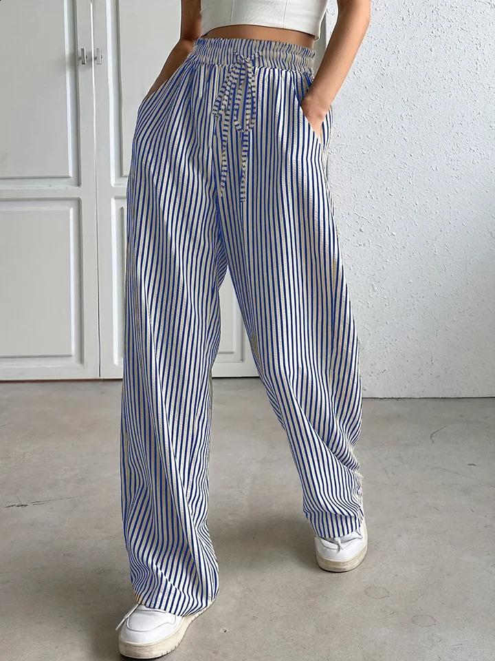 Womens Striped Wide Leg Pants High Waist Drawstring Casual Trousers with Side Pockets Straight Lounge 250911