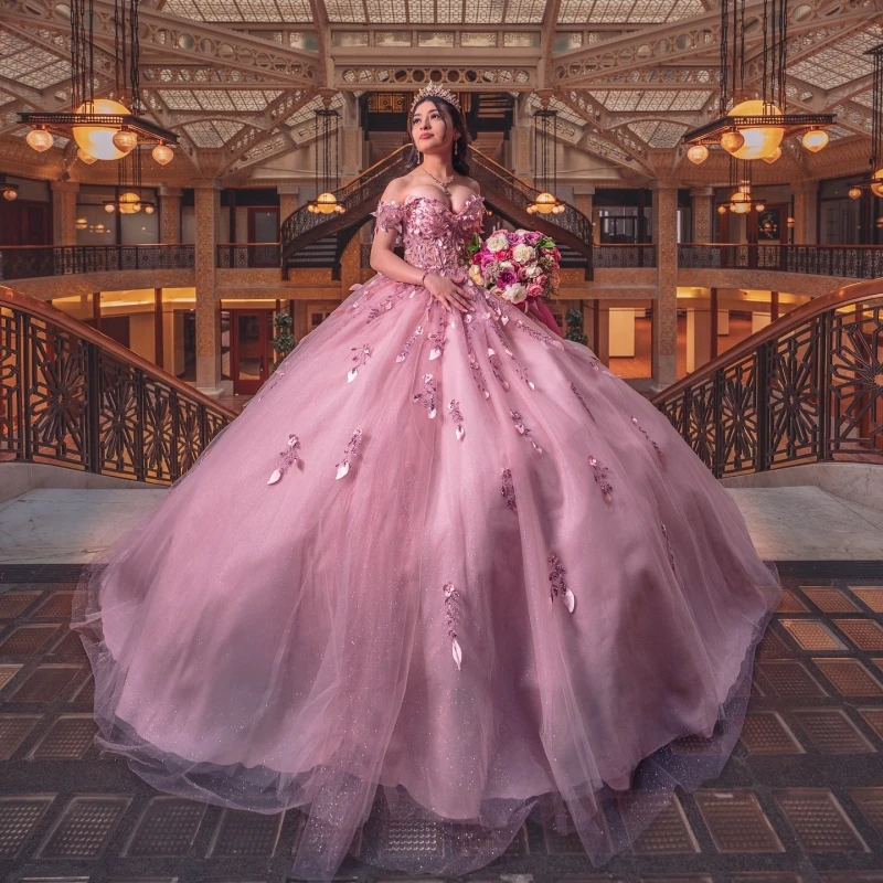 Pink Quinceanera Dresses Ball Gown Off The Shoulder Applique Flower Beads Tull Sweet 16 Dress Vestidos 15 De Anos
