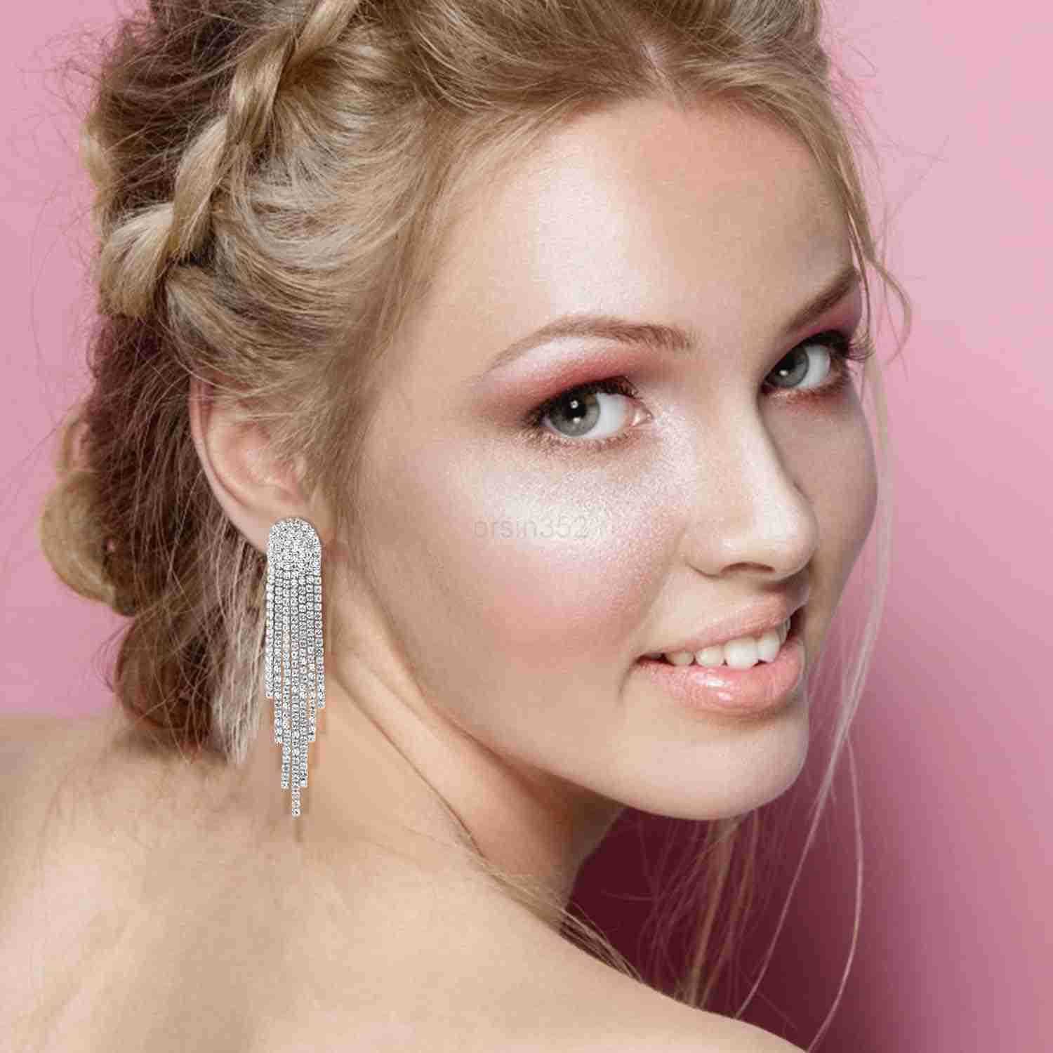 4 Pairs Silver Clip on Earrings for Women Sparkly Rhinestone Tassel Chandelier Teardrop Dangle Earrings for Brides Bridesmaids Non Pierced Prom Jewelr