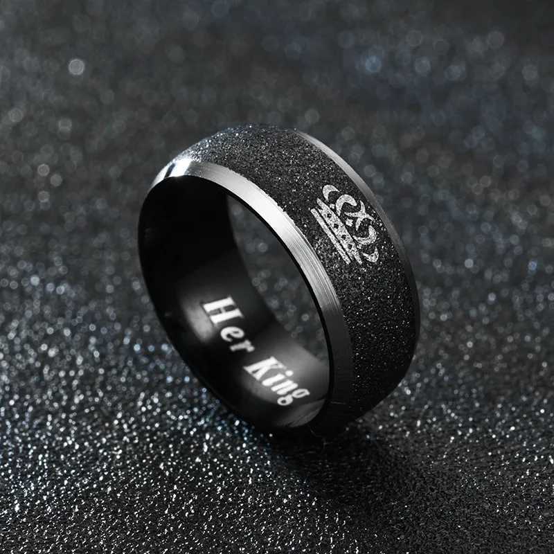 Her King and His Queen Letter Couple Rings For Women Men Crown Black 8MM Stainless Steel Matte Ring Lovers Wedding Jewelry W250911
