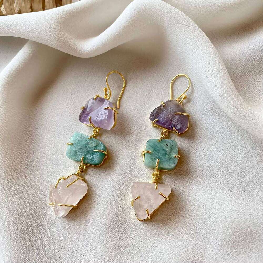 Sterling Sier Women's Handmade Drop Dangle Earrings Raw Rainbow Moonstone Gemstone Prong Setting Wholesale Moissanite