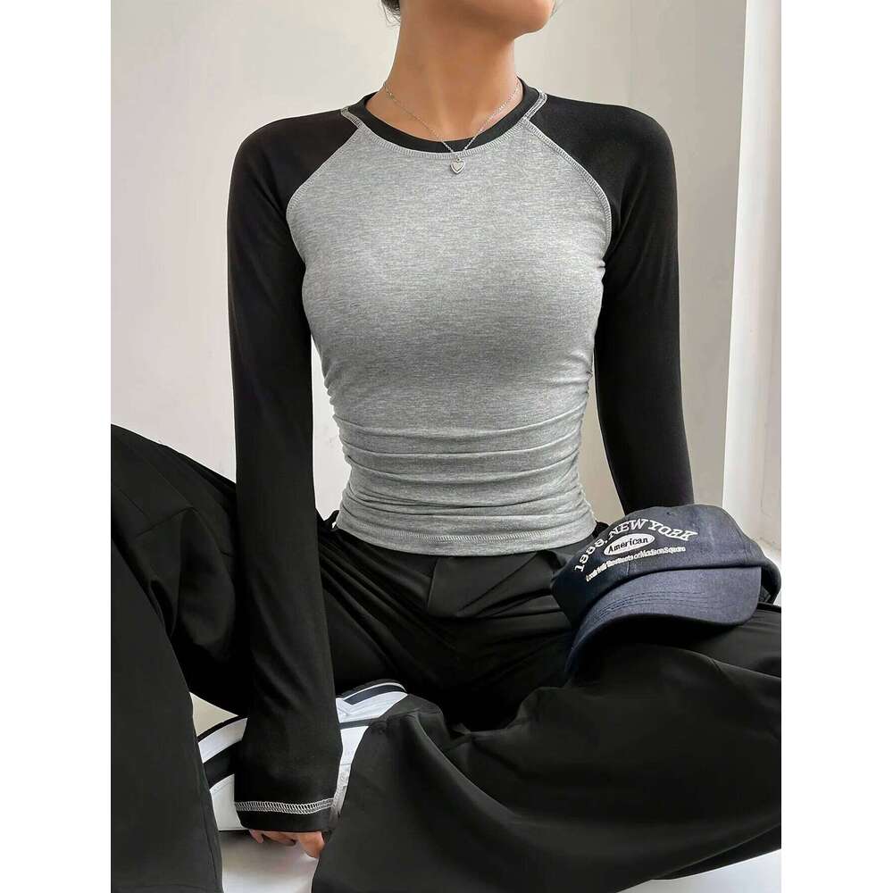 Women Slim Fit T Shirts Holiday Party Crop Top Y2k Long Sleeve Korean Haruku Kpop Graphic Patchwork Tee