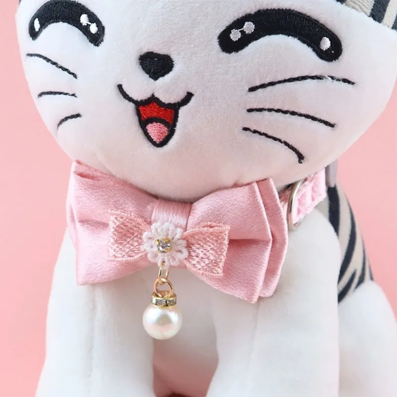 Pink Lace Bow Hanging Bead Pet Collar for Cats & Dogs with Bell Stylish Cat & Dog Accessory