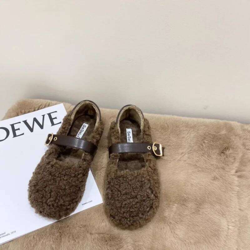 Designer Women Warm Fur Flats Vintage Fashion Shallow Belt Buckle Spring Autumn Ladies Comfort Loafers Shoes