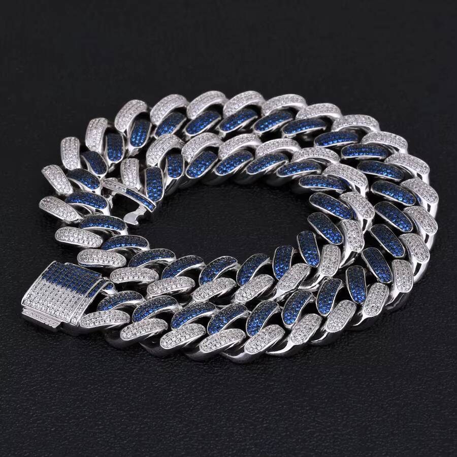 KRKC Wholesale 18mm White and Blue Two Tone Plating Prong Iced Out Necklace 5A 3 Rows CZ Two Tone Cuban Link Chain