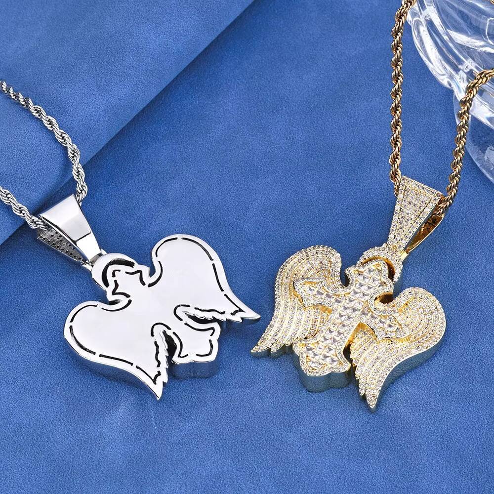 Popular Retro Cross Wings Zircon Pendant Personalized Hip Hop Necklace for Men Brass Jewelry with Rope Chain for Anniversaries