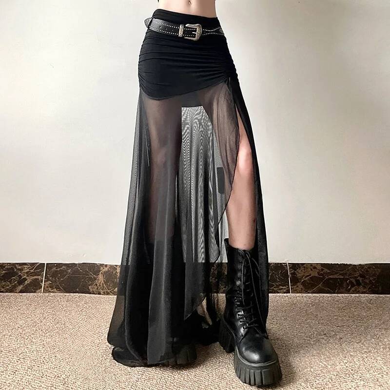 Dark Mall Goth High Waist Mesh Patchwrok Mid Skirts Sexy Hem Split Ruched Bodycon Skirt E-girl Y2K Streetwear Alt Bottoms dongdumaoyi