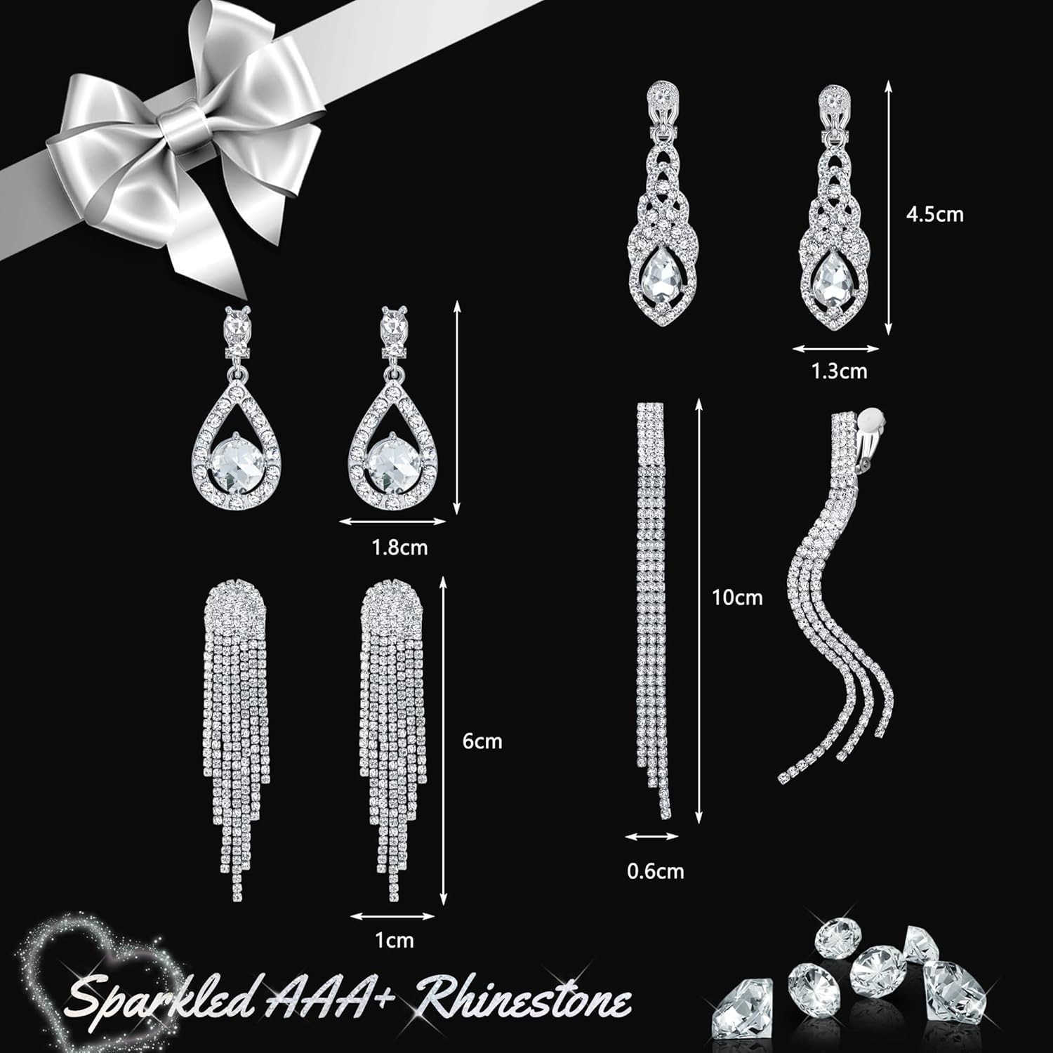 4 Pairs Silver Clip on Earrings for Women Sparkly Rhinestone Tassel Chandelier Teardrop Dangle Earrings for Brides Bridesmaids Non Pierced Prom Jewelr