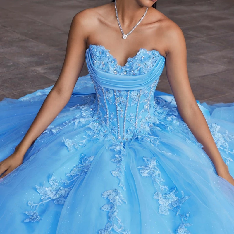 Sky Blue Shiny Quinceanera Dresses Ball Gown Off The Shoulder Applique Lace Beading Crystal Bow Tull Sweet 16 Dress Vestidos 15 Anos