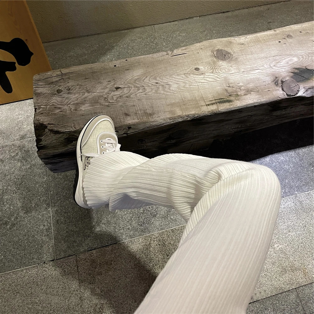 Knitted Highwaisted Mopping Wideleg Pants Womens Winter Thin Drape Vertical Pleats Straight Trousers 250911