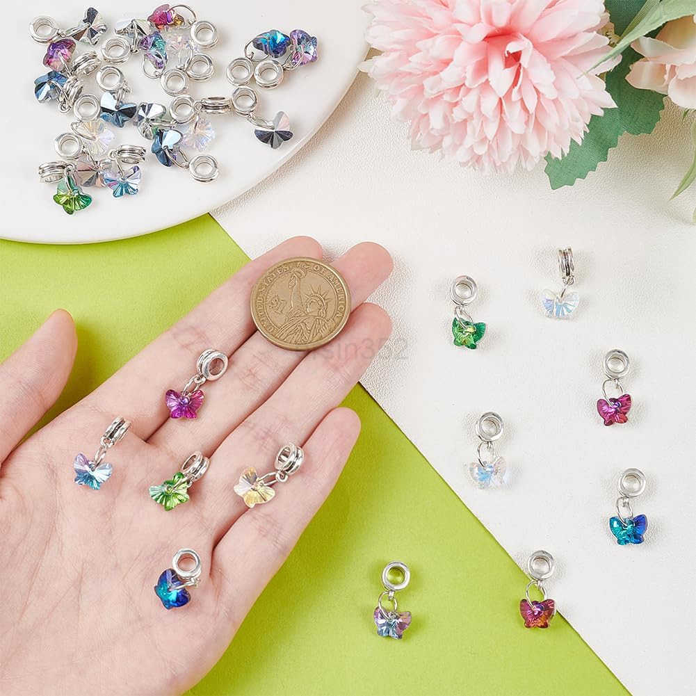 30pcs Butterfly Glass Charms Pendants 5 Colors Faceted Butterfly Crystal Dangle Charms with Bail Hanger Large Hole Transparent Beads for Necklace Earr
