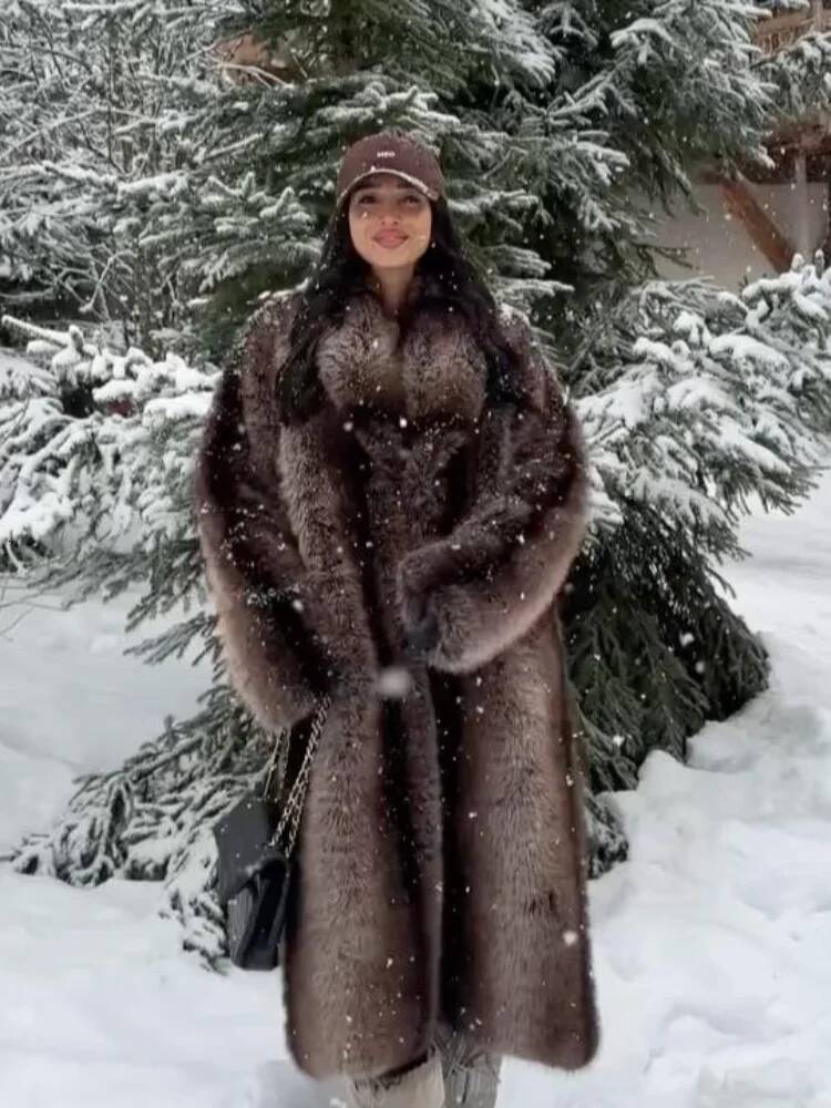 Women's Casual Lapel Faux Fur Long Coat Loose Solid Color Full Sleeve Furry Jackets Ladies Fashion Winter Warm Streerwear Coats