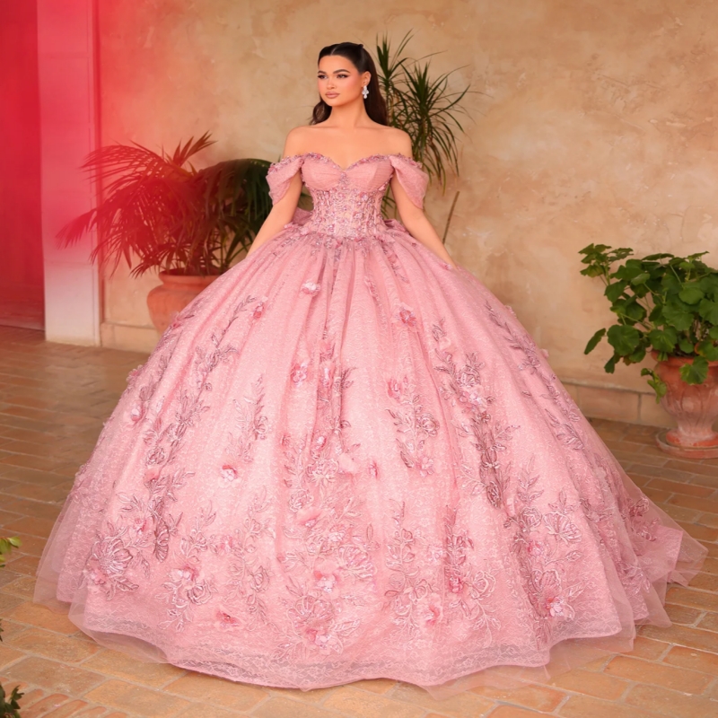 Pink Shiny Quinceanera Dresses Ball Gown Off The Shoulder Applique Flower Beads Tull Bow Party Birthday Sweet 16 Dress Vestidos 15 De Anos