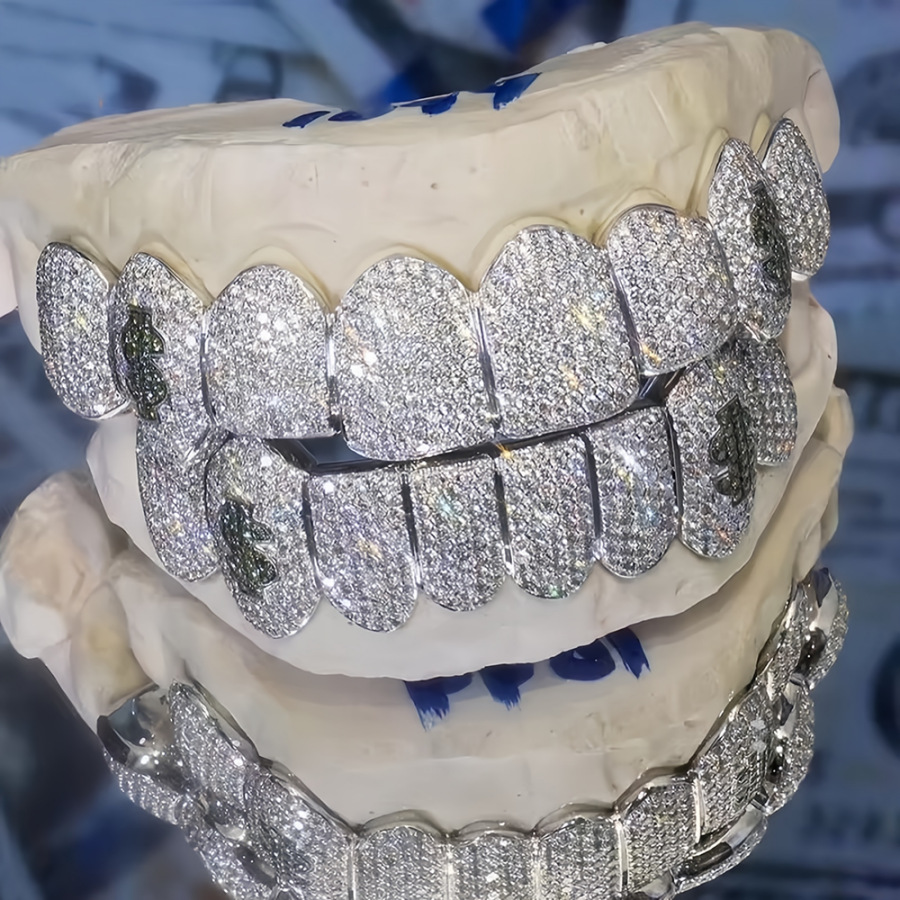 Custom Made Dental Grillz Iced Out Sterling Silver Real Gold Jewelry Zigzag Setting VVS Moissanite Diamonds Teeth Grillz