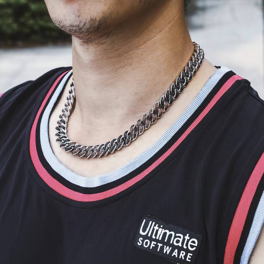 KRKC Wholesale 12mm 18inch BlackRed Color 5A CZ 2 Row Diamond Iced Out Hiphop Cuban Link Chain Necklace for Men