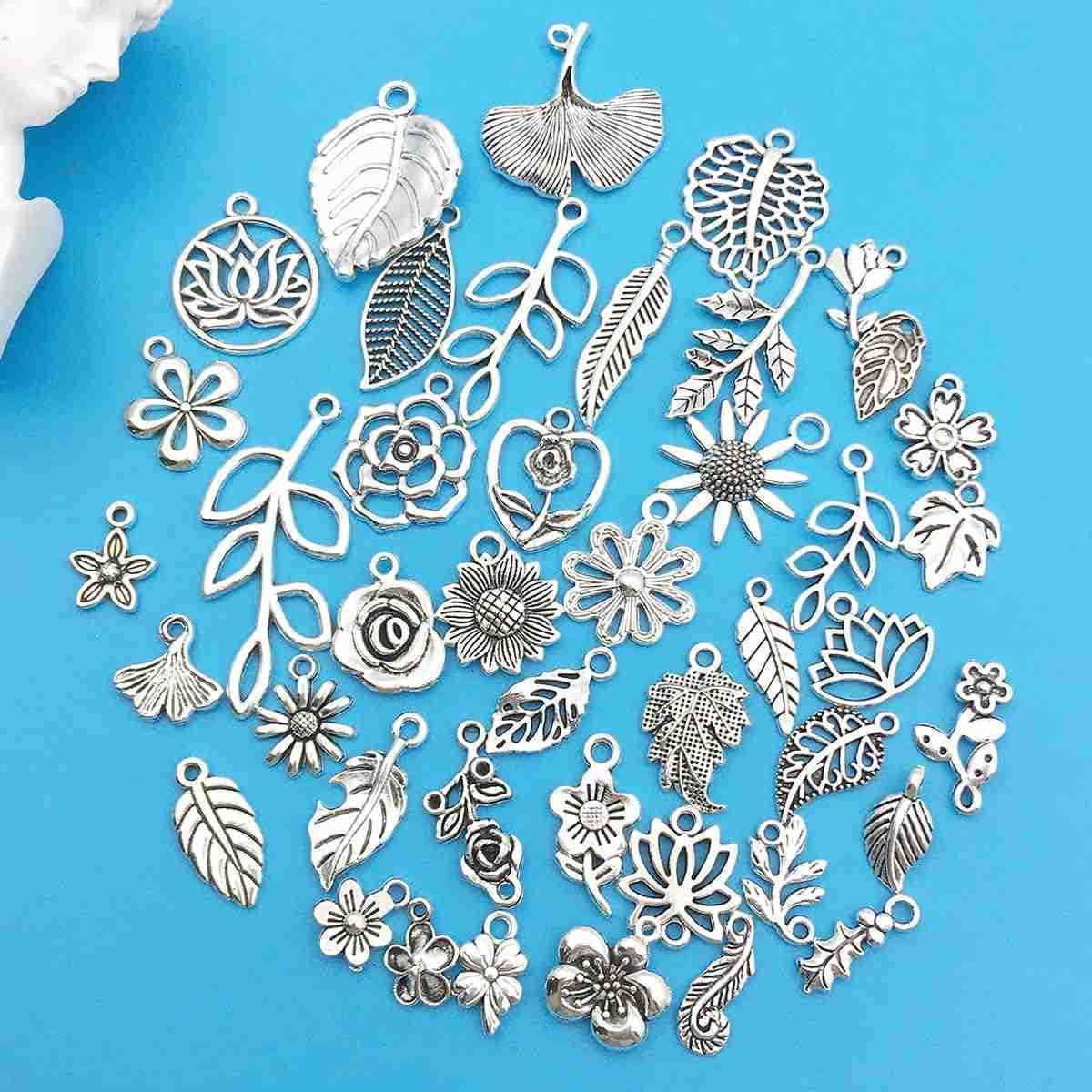 80pcs Alloy Silver Plant Leaf Small Flower Set Series Pendant Jewelry Making DIY Keychain Earrings Pendant Various Design Charms for Jewelry Making Br