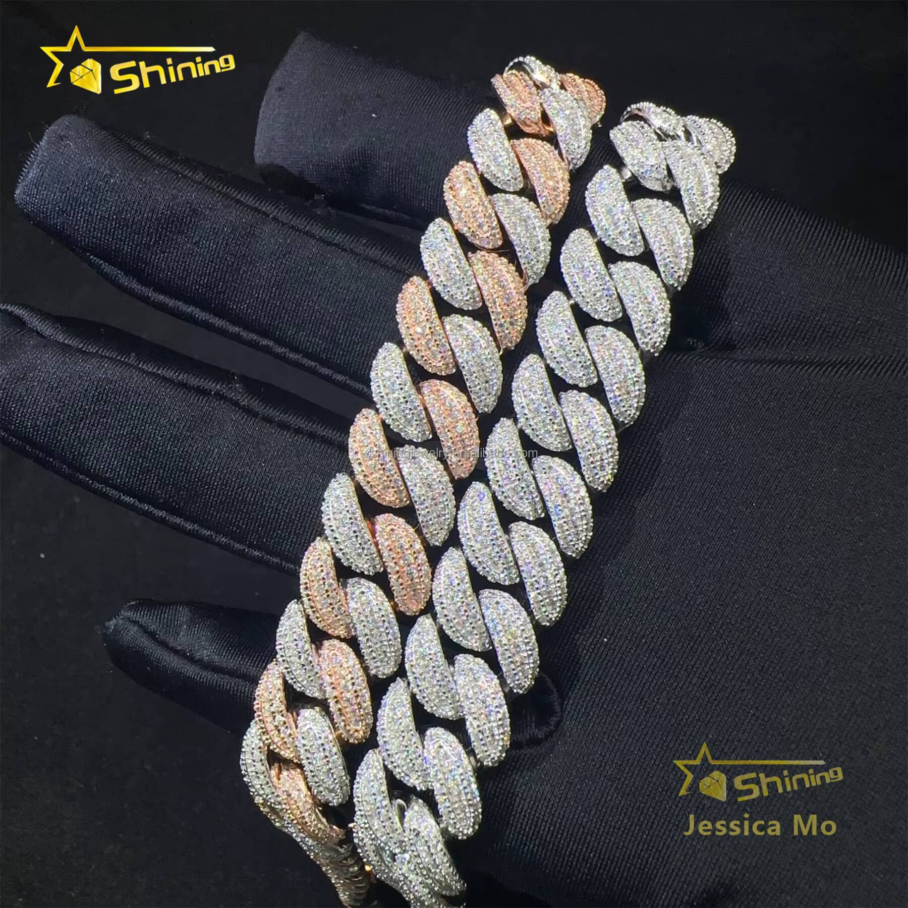 Fashion Luxury 13mm 3Rows Two Tone Color Rapper Hip Hop Jewelry VVS1 Moissanite Iced Out S925 Silver Miami Cuban Bracelet