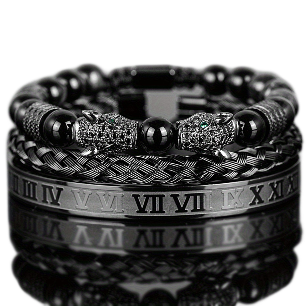 Black Double Leopard Head Braiding Stainless Steel Roman Numeral Bracelet Set Retro Designer Jewelry for Men