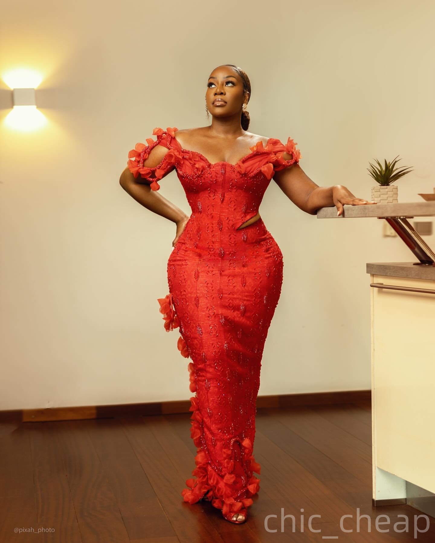 African Sheath Red Prom Dresses 2025 Beaded Flowers Off Shoulder Evening Formal Party Second Birthday Engagement Gowns Plus Size Dress For Special Occ