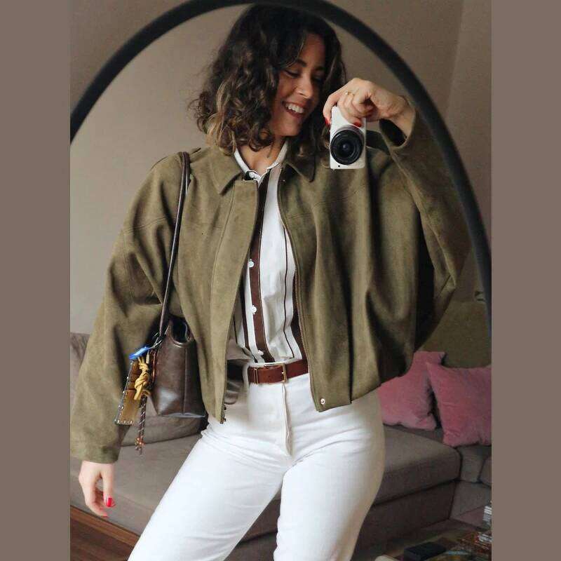 HXAO Women's Bomber Lapel Long Sleeve Zipper Suede Jacket Women 2025 High Street Cropped Racing Jackets Coats Outerwears