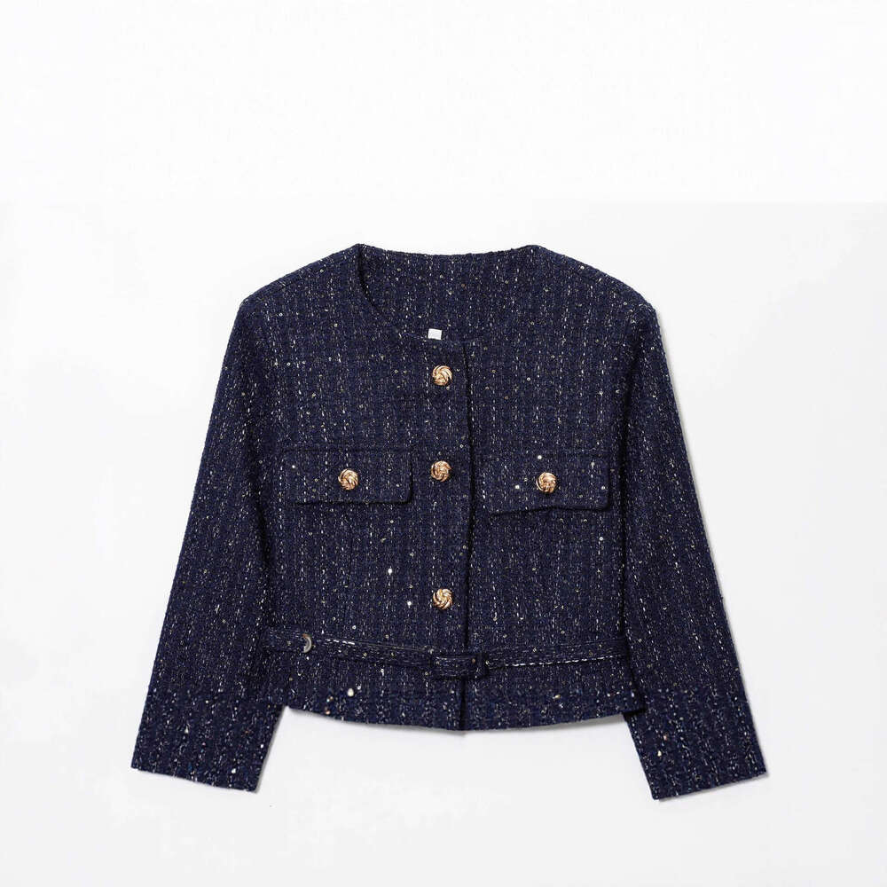 DHEssentials French Style Fashionable Casual Elegant Belted Tweed Sequin Jacket