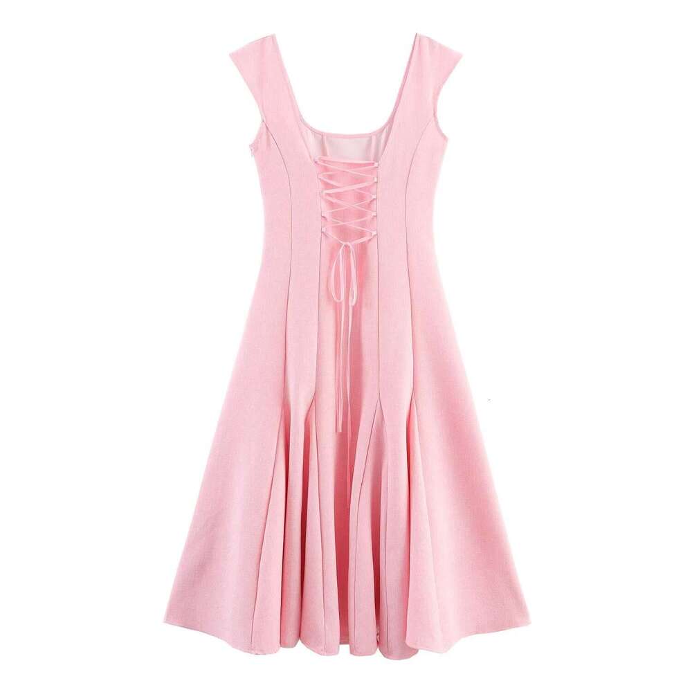 DHEssentials INS French Style Elegant Waist-Cinching Spring Summer Women's Fashion Chic U-Neck Flared Strap Dress