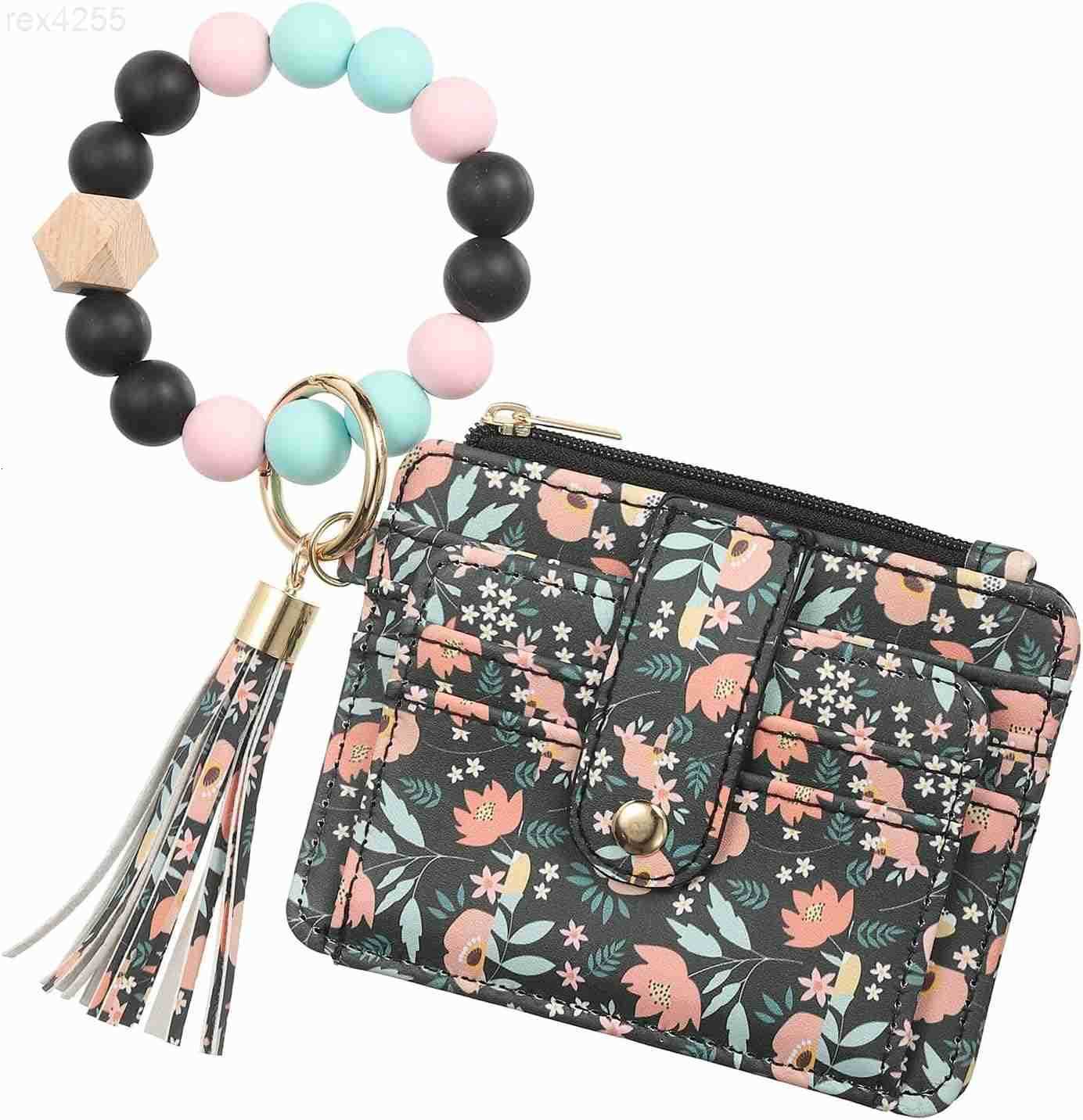 Small Credit Card Wallet with Keychain Wristlet Beads Ring PU Leather Card Holder 8 Card Slots 1 ID Window 1 Zipper Pocket Flower PrintW250911