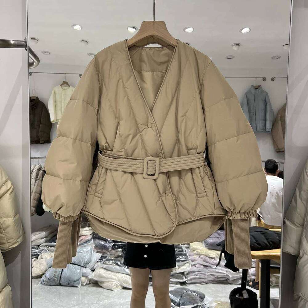 Lagabogy 2025 New Winter Women Design Warm Puffer Jacket Female 90% White Duck Down Coat With Belt Slim V-Neck Outwear